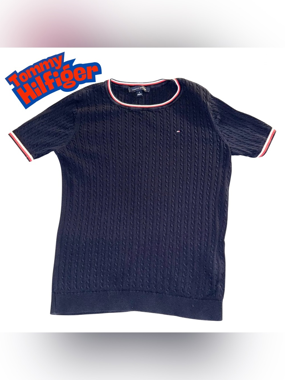 Tommy Hilfiger Women’s Short Sleeve Cable Knit‎ Top Navy Blue Red Trim Size M